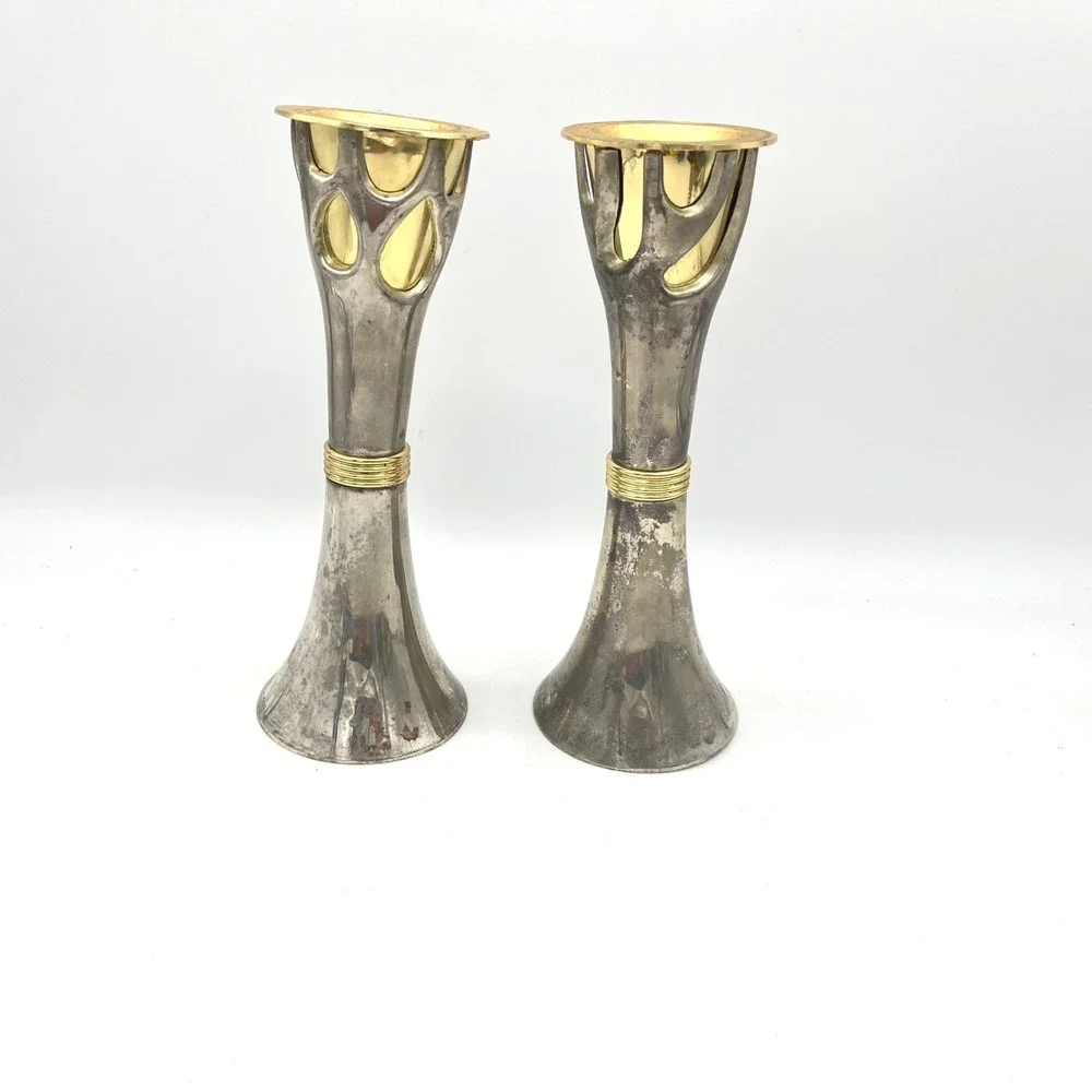 Vintage Tree of Life Mixed Metal Candlesticks Silver Gold‎ Tone Set of 2 8